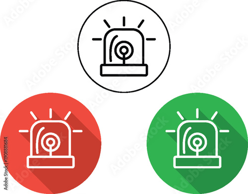 Emergency Siren Light Icon Set With Three Color Variations And Long Shadow Designs