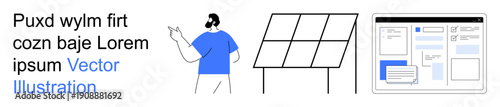 Renewable energy, sustainability, technology, digital tools, workflow, data management. Illustrated person with solar panels and a digital interface. Renewable energy and technology concept