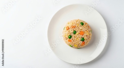 Fried Rice Molded Neatly on White Plate Hyper-Realistic Overhead Food Photography, Clean White Studio Background