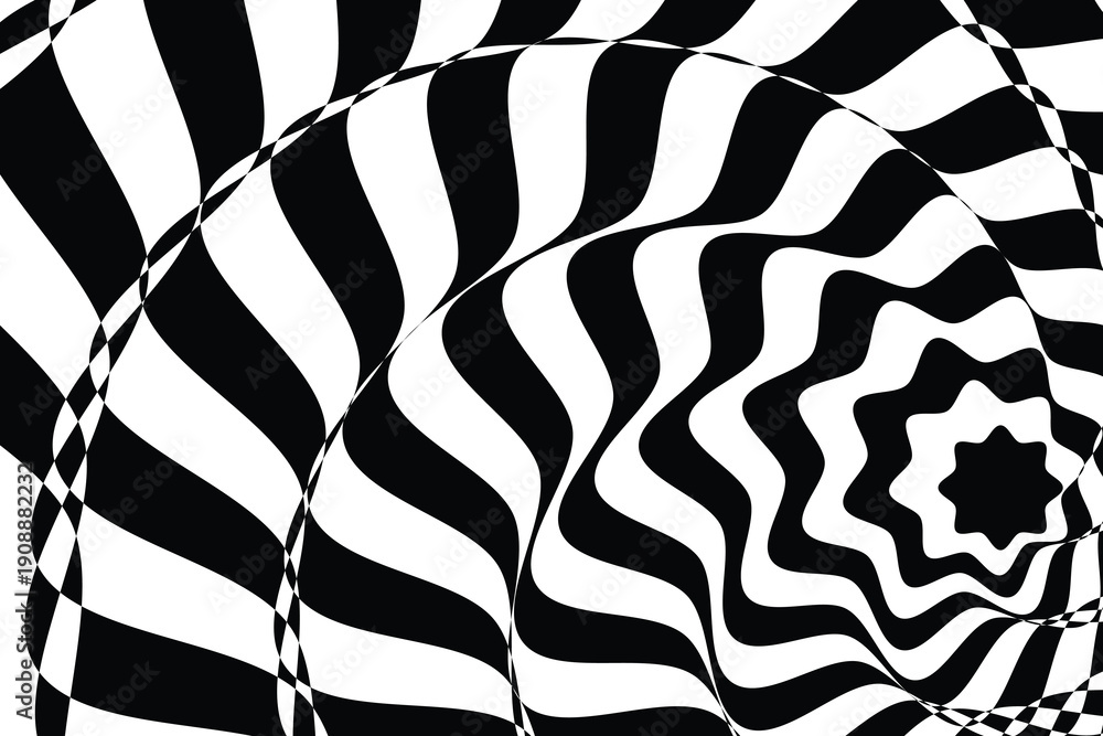 Fototapeta premium Wavy optical illusion pattern with distorted checkered ribbons swirling into black star focal point