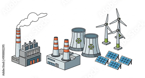 Various energy production facilities including coal and nuclear power plants and renewable energy sources like wind turbines and solar panels.