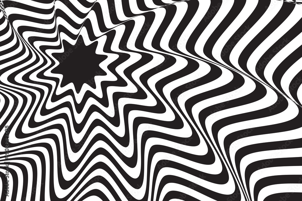 Obraz premium Abstract black and white psychedelic background optical illusion with star shape in middle and flowing wavy lines