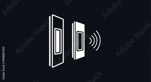 Two white rectangular objects communicating with wireless signals.