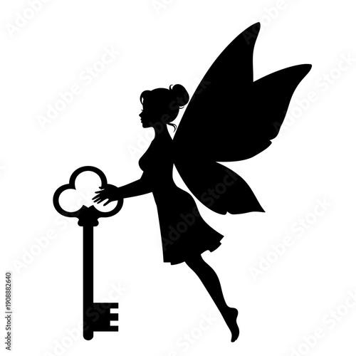 Silhouette of a fairy holding a large ornate key, isolated on a white background