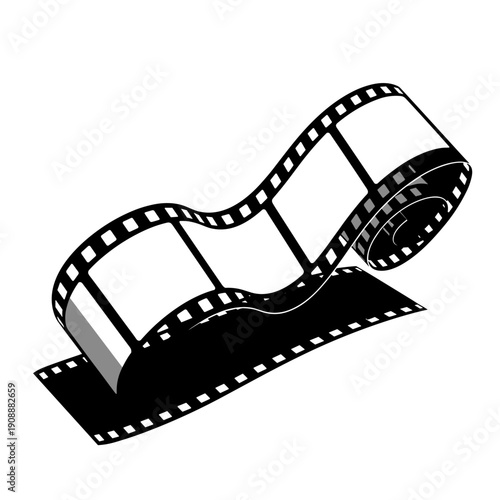 Curled film strip with sprocket holes isolated on a white background, showcasing classic cinema aesthetics with a smooth, flowing shape and monochrome style