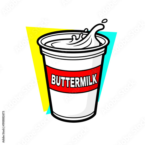 Illustration of a buttermilk cup with splash effect, isolated on a white background with vibrant geometric shapes