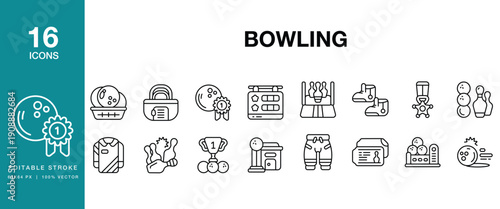 Bowling icon set. Includes bowling, strike, spare, alley, pins, ball, lane and More. Editable Stroke Icon Collection.