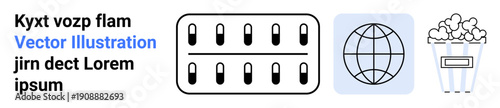 Healthcare, pharmaceuticals, global reach, internet access, entertainment, multimedia. Pill blister pack, globe popcorn bucket. Healthcare and global reach concept