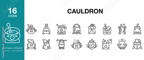 Cauldron icon set. Includes cauldron, pot, kettle, witchcraft, magic, halloween and More. Editable Stroke Icon Collection.