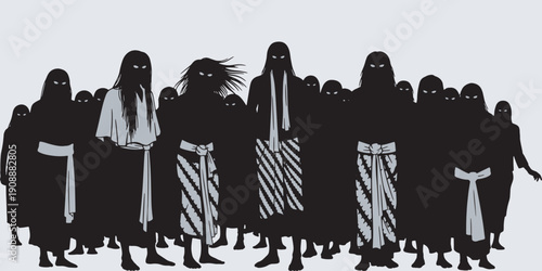 A group of mysterious figures in dark robes with glowing eyes stand together, some wearing striped skirts.