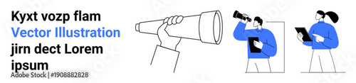 Strategic planning, business research, teamwork, communication, leadership, goal setting. Illustration of professionals using a telescope and clipboard. Strategic planning and business research