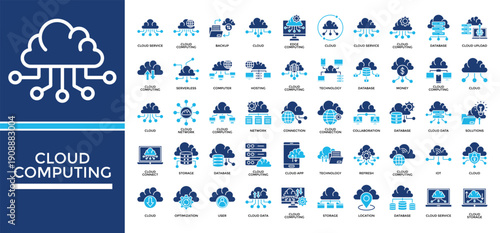 Cloud Computing icon set collection. Containing sharing, database, profit, server, collaboration, computing, employment .Solid vector icons collection