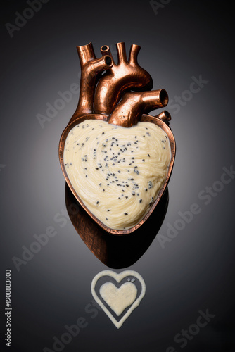 A copper heart shaped anatomical model filled with white cream and black sesame seeds on dark reflective surface, romantic dessert concept.
