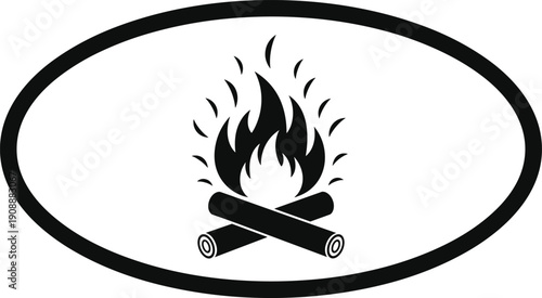 Black silhouette campfire icon with burning flames and crossed logs inside oval frame, outdoor camping symbol, survival and adventure concept, minimalist vector illustration on white background