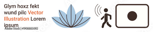 Wellness, mindfulness, communication, holistic practices, motion, minimalism. A lotus flower, a walking figure sending signals and a minimalist square with a circle. Wellness and mindfulness