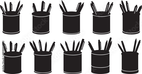 Collection of black pencil holders with various pens inside