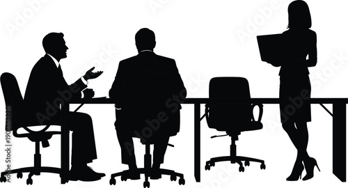 Black silhouette illustration of business team having meeting at office desk, manager discussing strategy with colleagues, professional corporate communication and teamwork concept,