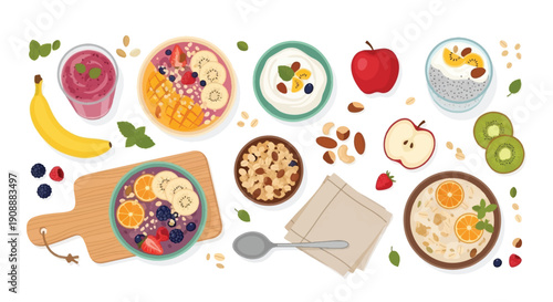 Healthy Snack Spread with Smoothies Yogurt Fruits and Granola Top View on White