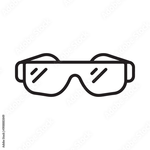 Simple black and white line drawing of a pair of modern style sunglasses viewed from above