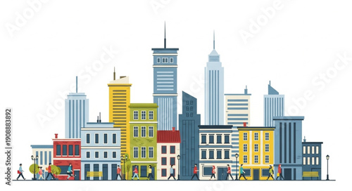 Vibrant Cityscape Illustration with Tall Buildings and Pedestrians.