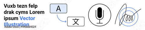 Language learning, speech recognition, translation services, digital communication, transcription tools, handwriting identification. Symbols for translation, microphone, and signature scribble