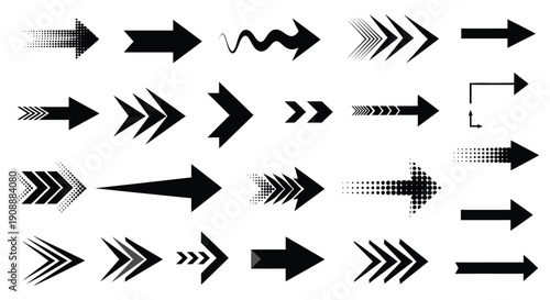 Collection of various black right-pointing arrow icons illustrating direction movement and progression concepts