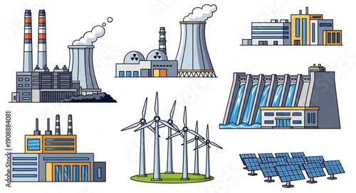 Various types of power plants and energy generation facilities.