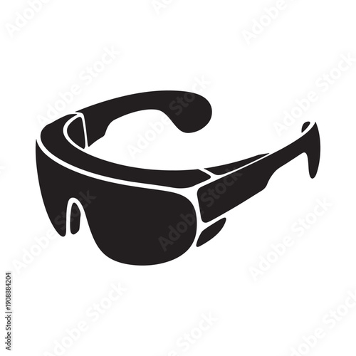 A sleek modern pair of virtual reality glasses is depicted in a minimalist black and white style
