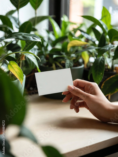 Hand holding blank card mockup on desk with green houseplants, sustainable business concept, branding identity, minimalist photography, natural lighting, work from home, authentic content.