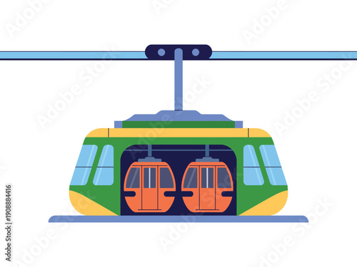 A modern cable car station with two cabins suspended above the ground.