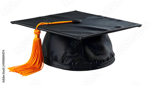 Shiny black square graduation cap with orange tassel, set against a black backdrop