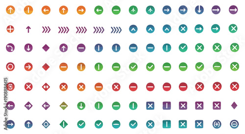 Collection of brightly colored user interface icons featuring arrows shapes and navigation symbols