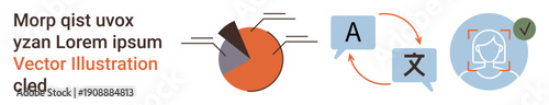 Data visualization, language services, identity verification, AI processes, technology interface, and communication. Circular chart, translation icons and facial recognition graphic. Data analysis