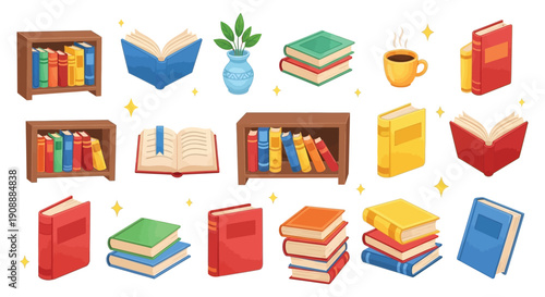 Collection of colorful illustrated books and open reading materials in various arrangements