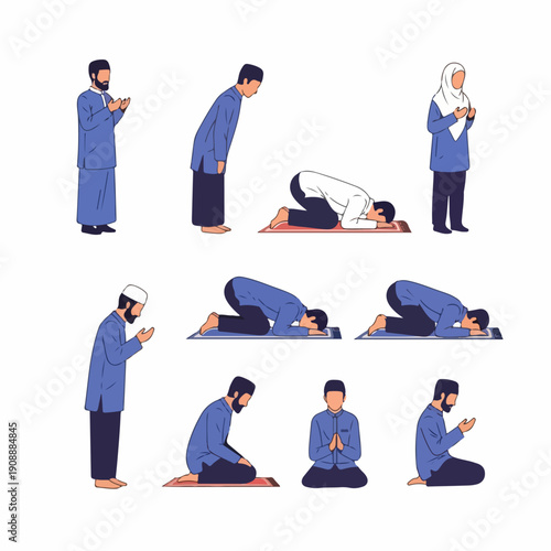 Set of illustrations depicting various positions of Islamic prayer (Salat) performed by Muslim men and women, isolated on white.