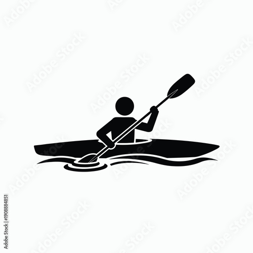 Cartoon vector illustration of a person kayaking on a river or lake with a paddle boat on the water
