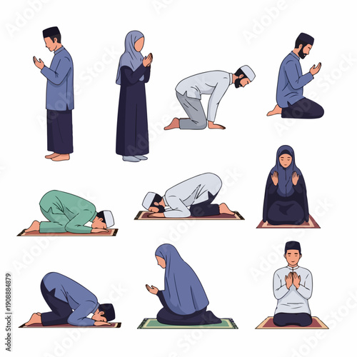 Muslims performing ritual Islamic prayer (Salat) sequence illustration set, showing various postures of devotion, including bowing, prostration, and supplication.