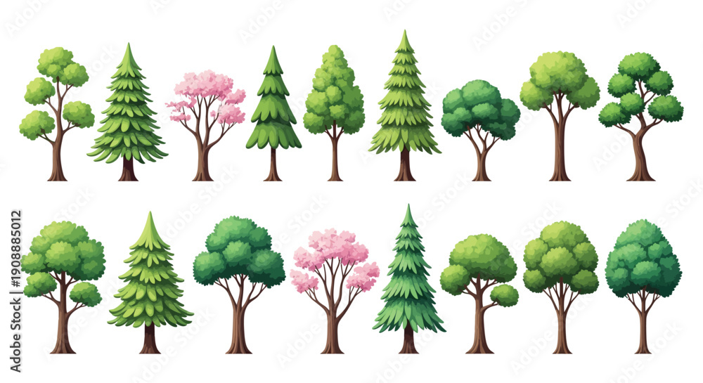 Fototapeta premium Collection of stylized trees including deciduous evergreens and flowering cherry varieties