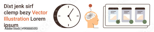 Cognitive thinking, time tracking, decision-making, productivity tools, planning, task approval. Clock, brain processing and checklist icons. Cognitive thinking and time tracking concepts