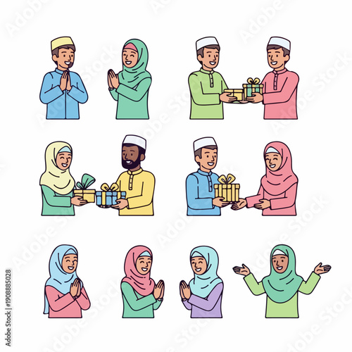 Muslim Characters Set for Ramadan and Eid Mubarak Celebrations, Featuring Greetings, Gift Giving, and Diverse Poses in Cute Outline Illustration Style.