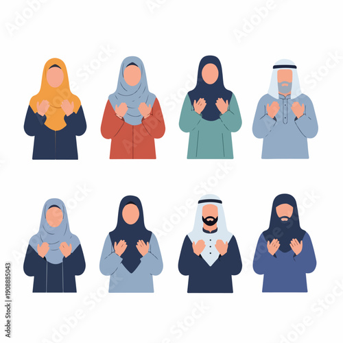 Group of diverse Muslim men and women praying or making Du'a. Flat vector illustration of Islamic worship and culture.
