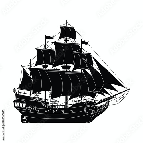 Pirate ship sailing on white background isolated