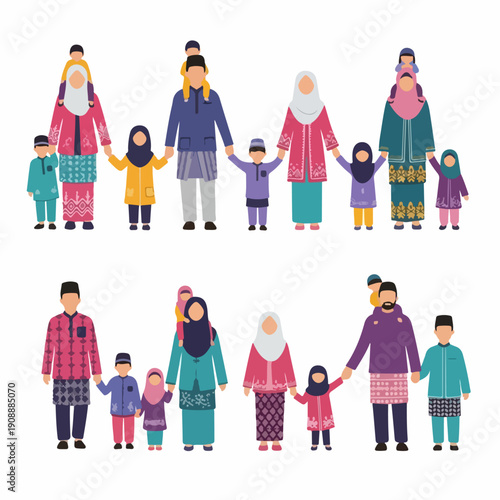 Diverse Muslim Families in Traditional Malaysian Attire Celebrating Eid al-Fitr, Vector Illustration Set on White Background.
