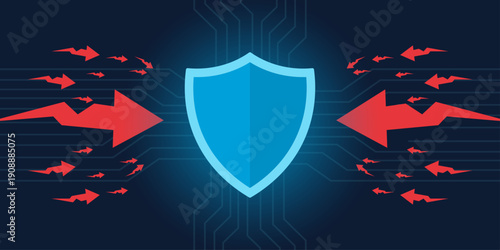 Central data hub with a pulsing shield blocking red attack arrows with a blue defense beam. High-energy narrative storytelling of active protection in dark mode.