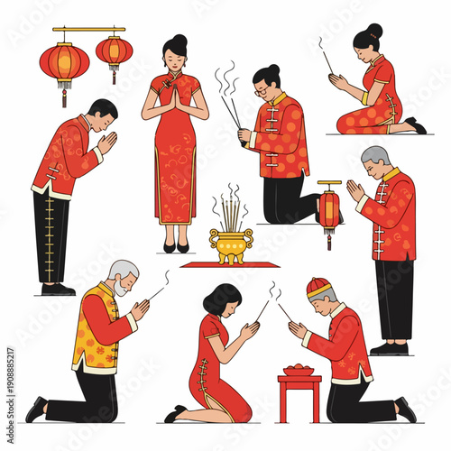 Traditional Chinese Ceremony set illustrating diverse people bowing, kneeling, and praying with burning incense sticks, celebrating culture and reverence.
