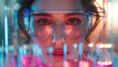 A focused woman in safety goggles examining pink liquids in test tubes in a neon lab