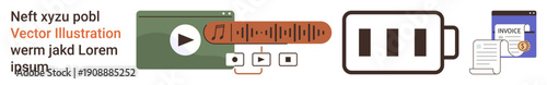 Media technology, communication tools, content creation, energy management, digital documentation, productivity concepts. Various icons including media player, battery, document wallet soundwave