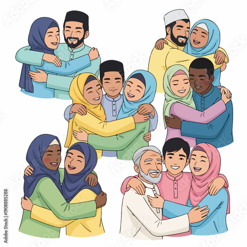 Diverse Muslim people embracing and hugging happily, symbolizing family unity, friendship, and joyful Eid celebration in a cartoon style.