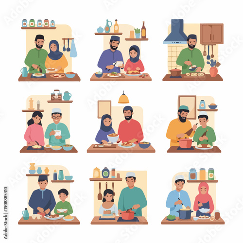 Set of illustrations showing Muslim families cooking together, including couples, parents, and children preparing traditional meals in the kitchen.