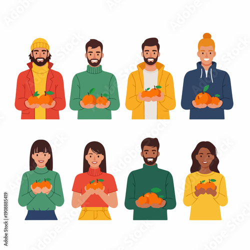 Diverse people happily holding a fresh harvest of oranges, promoting healthy eating, nutrition, and citrus fruit consumption.